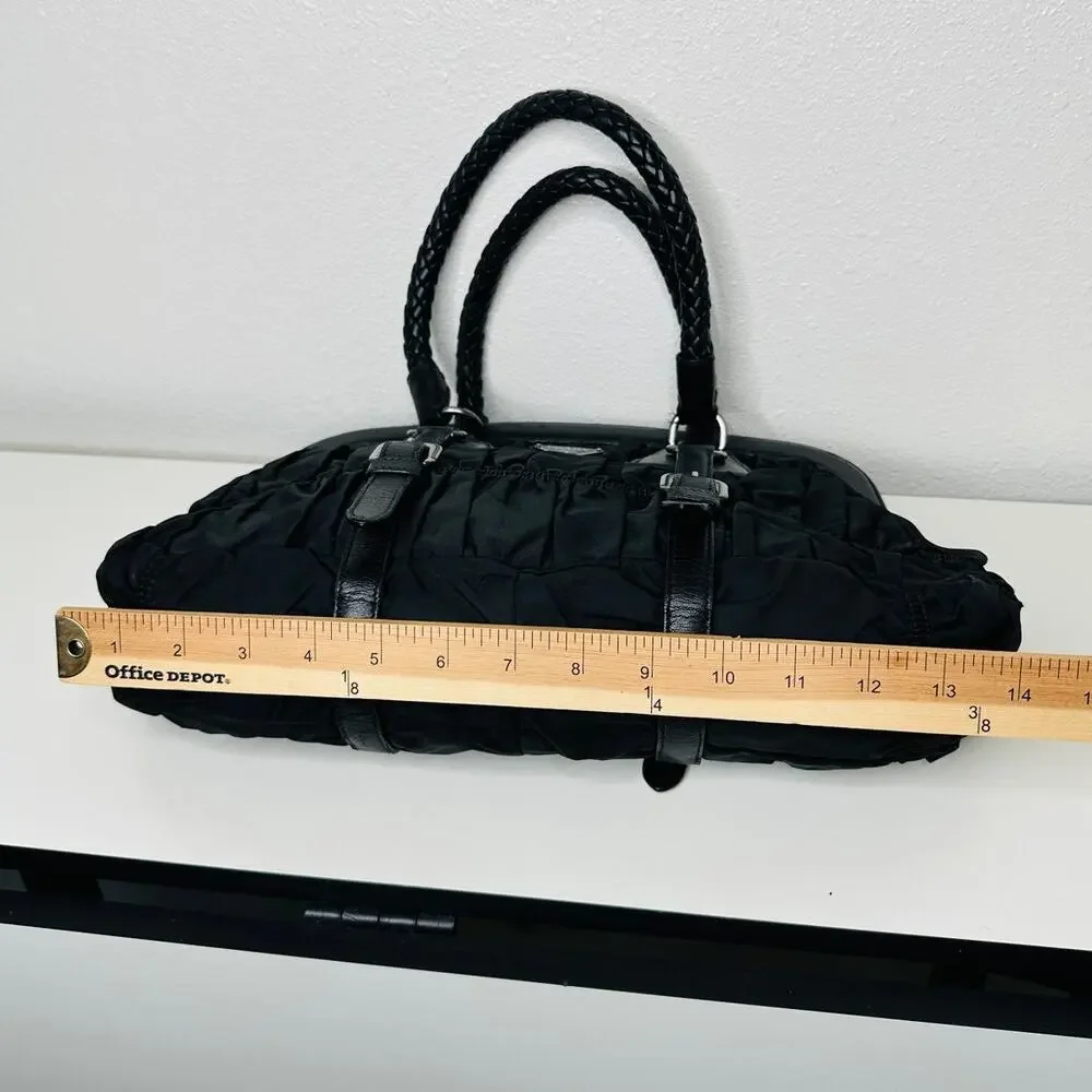 Prada Vintage 90s Black Nylon & Leather Buckle Braided Handle Purse - Picture 13 of 16
